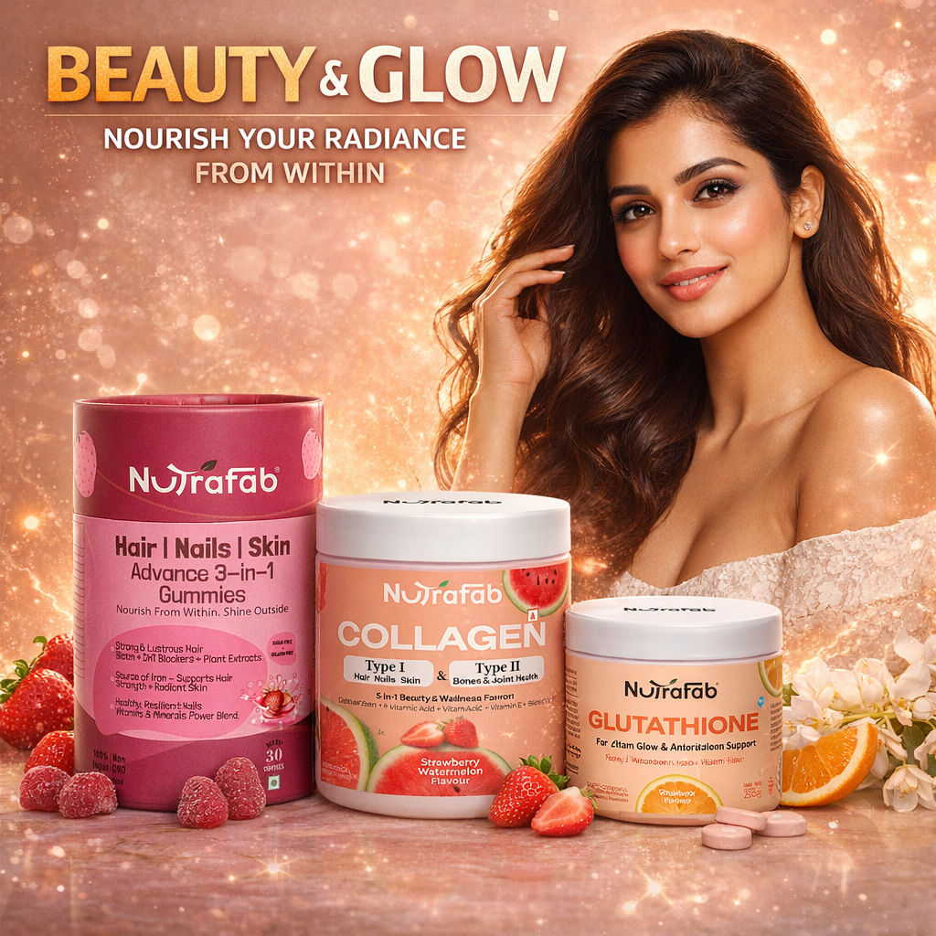 NuRafab health supplement products with a model and decorative elements on a sparkling background