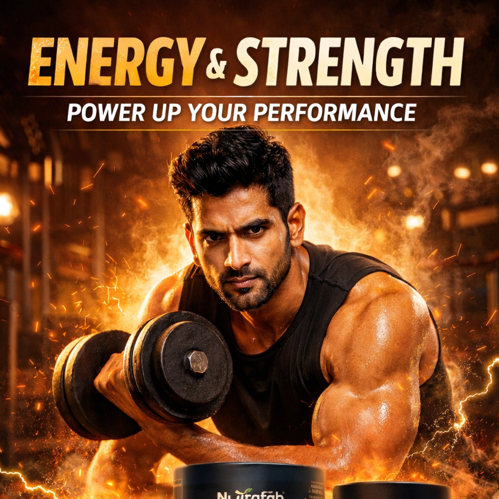 Man lifting weights with Nutrafab Shilajit products displayed in front