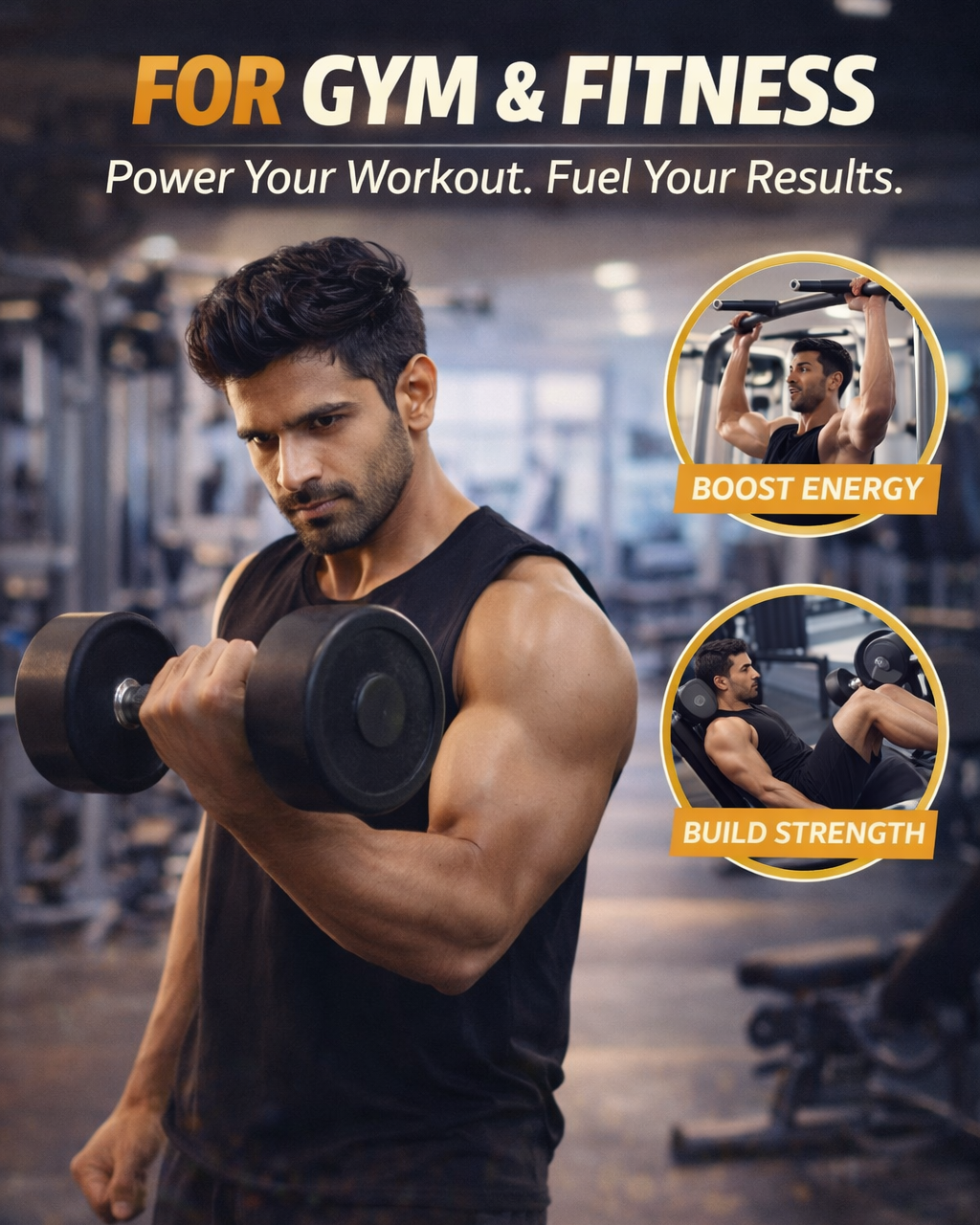 Man lifting weights in a gym with text about gym and fitness benefits.
