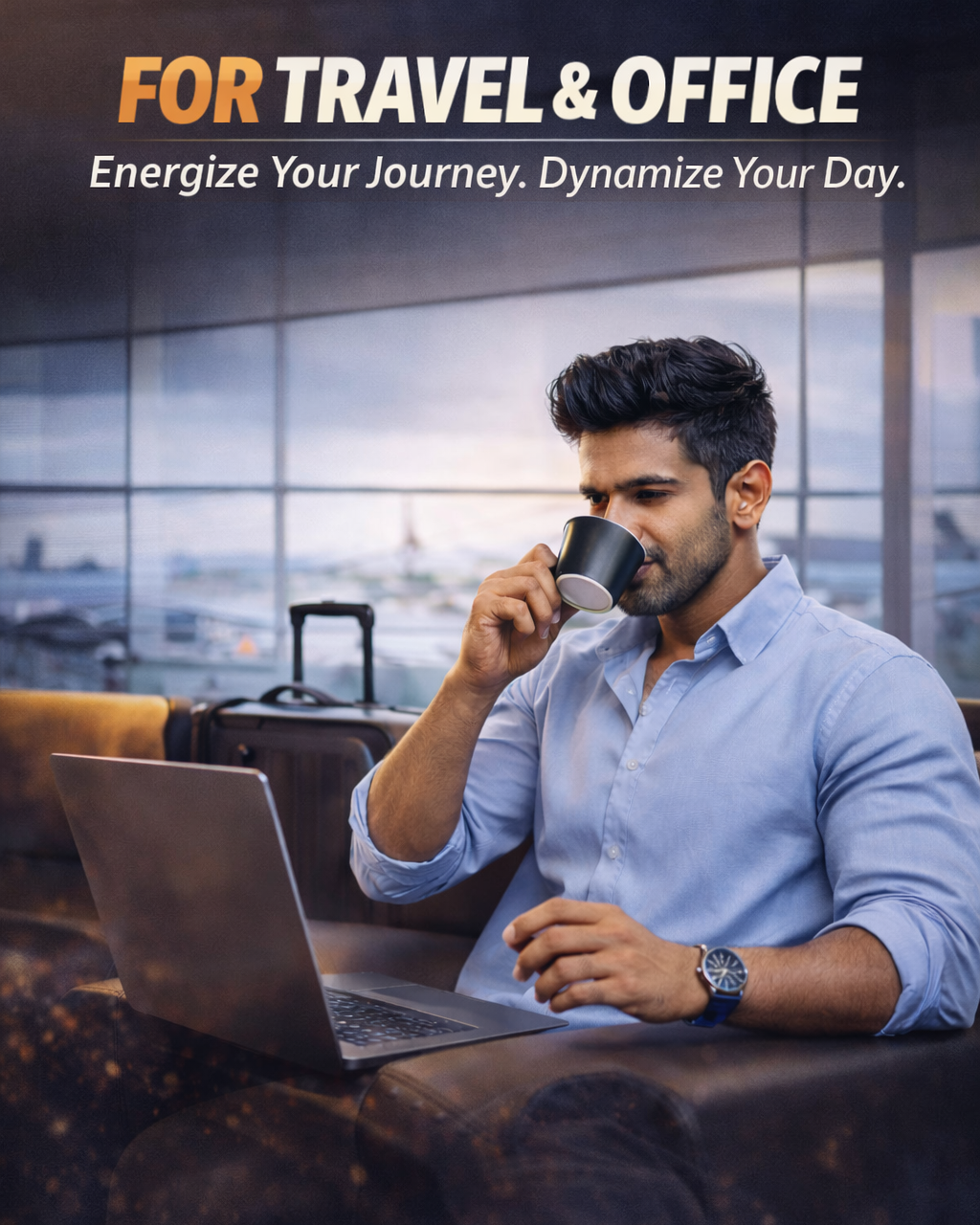 Man sitting at a table with a laptop and coffee, with text about travel and office use.