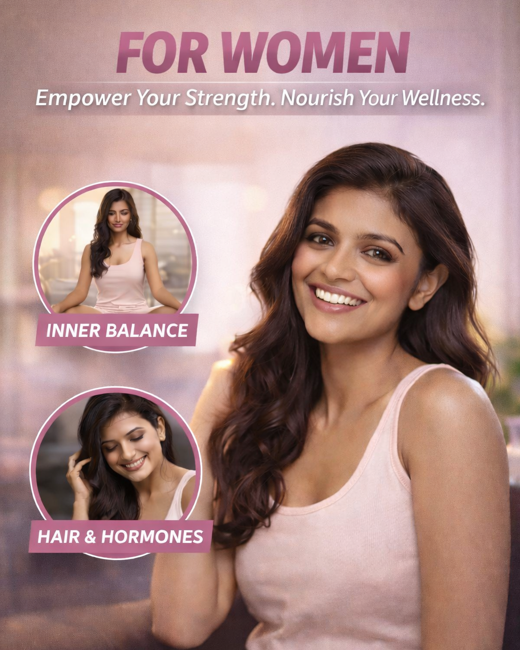 Advertisement for women's health products with a woman smiling and text about empowerment and wellness.