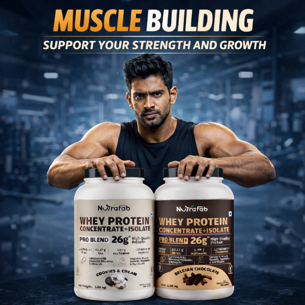 Man holding two protein supplement containers with 'Muscle Building' text in a gym setting