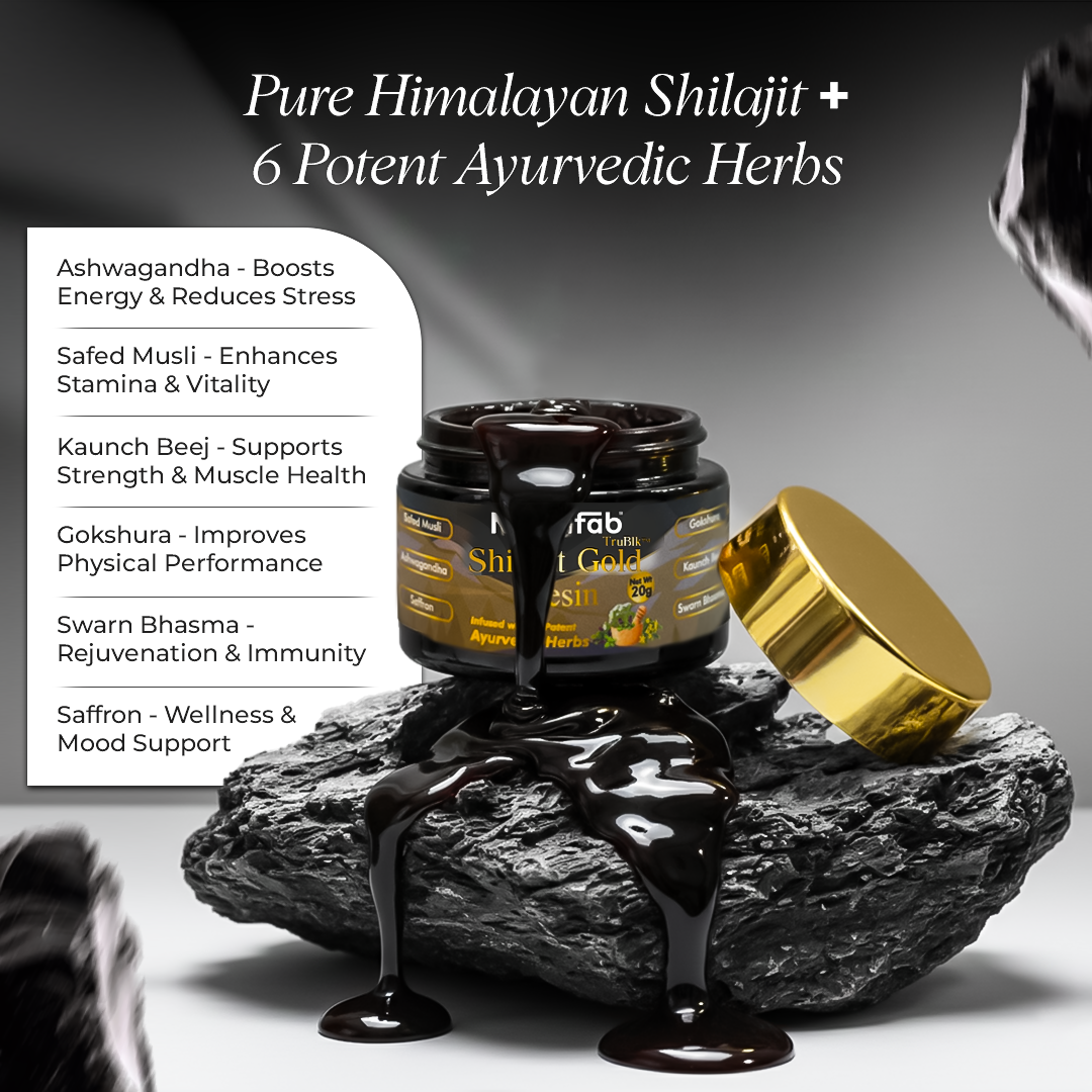 Himalayan Shilajit product with gold cap on a rock, surrounded by text about its benefits.