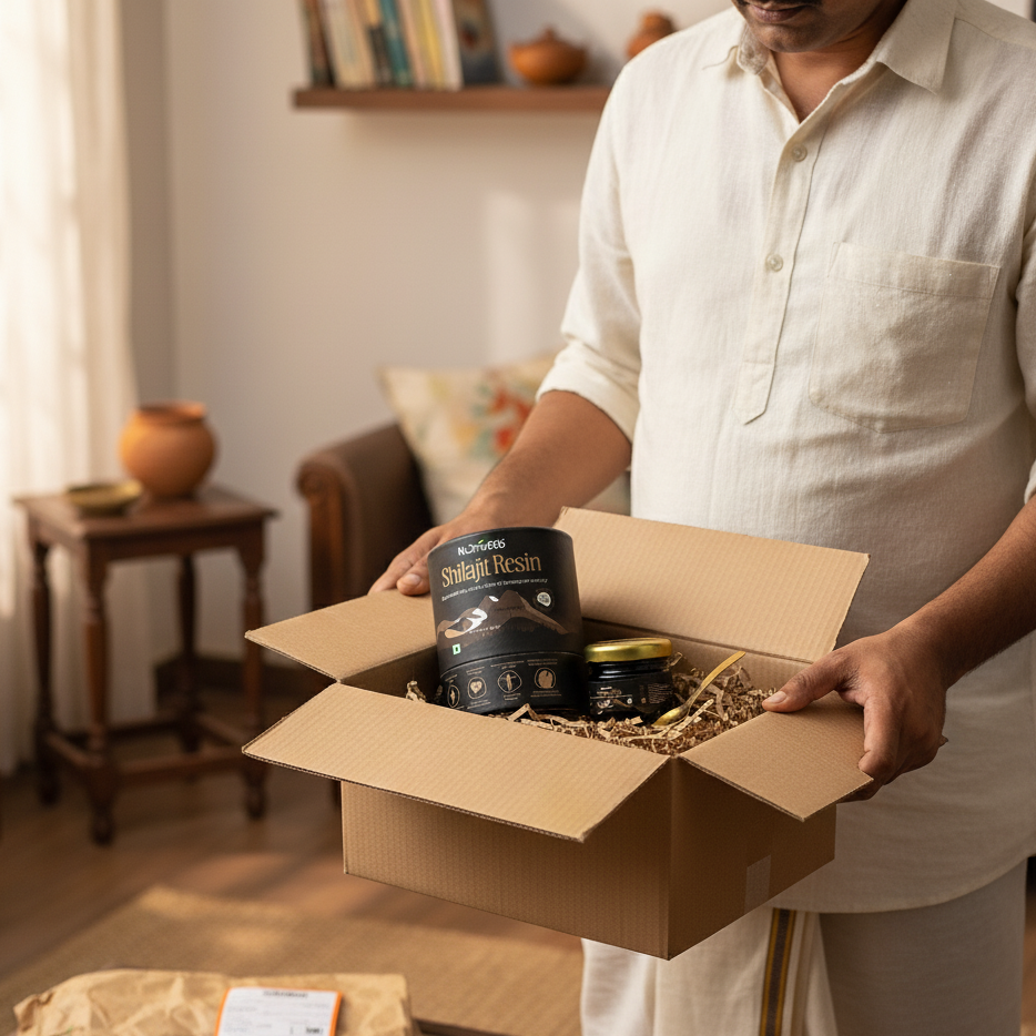 Man holding an open cardboard box with pet food and supplies in a living room.