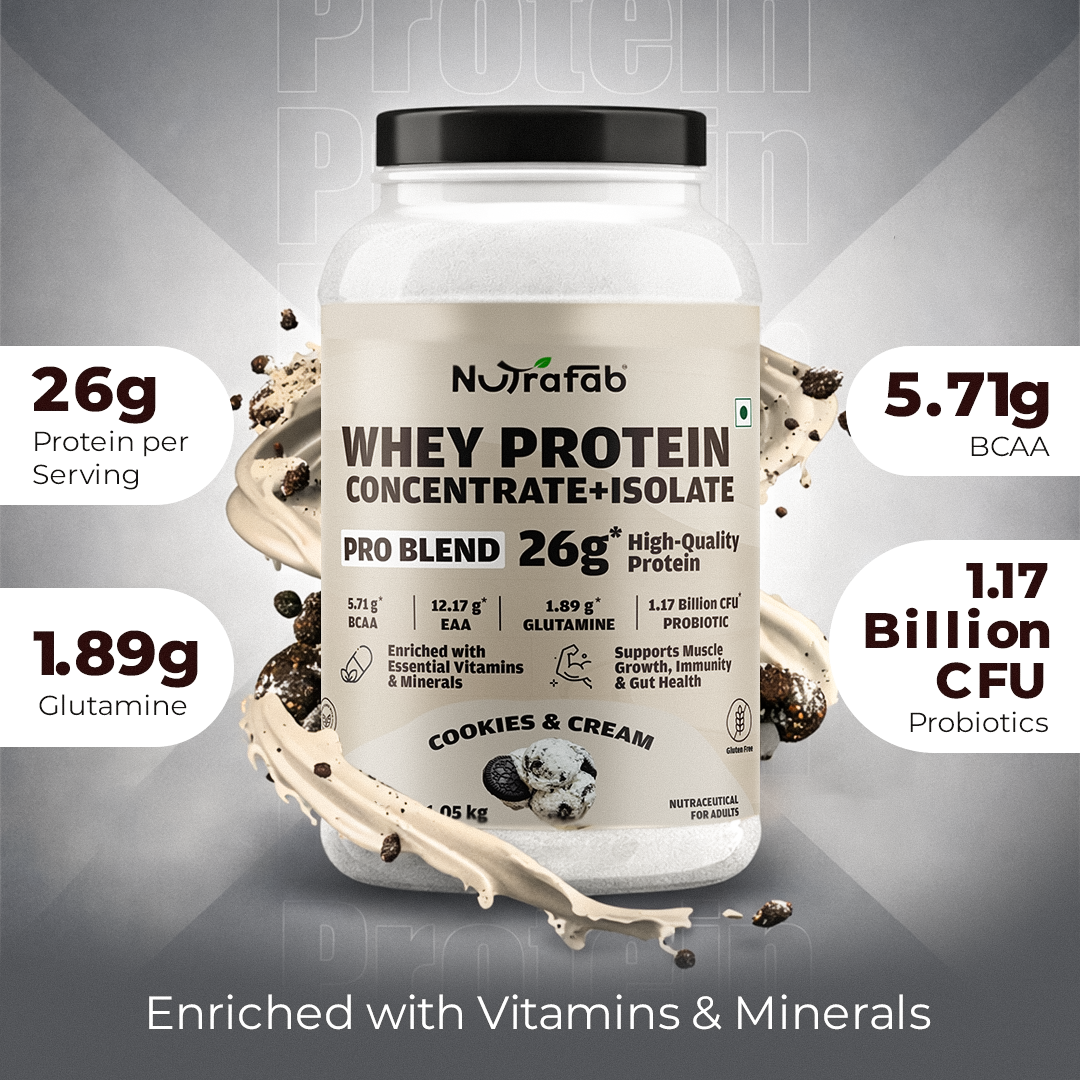 Nutrafab whey protein supplement container with nutritional information on a gray background