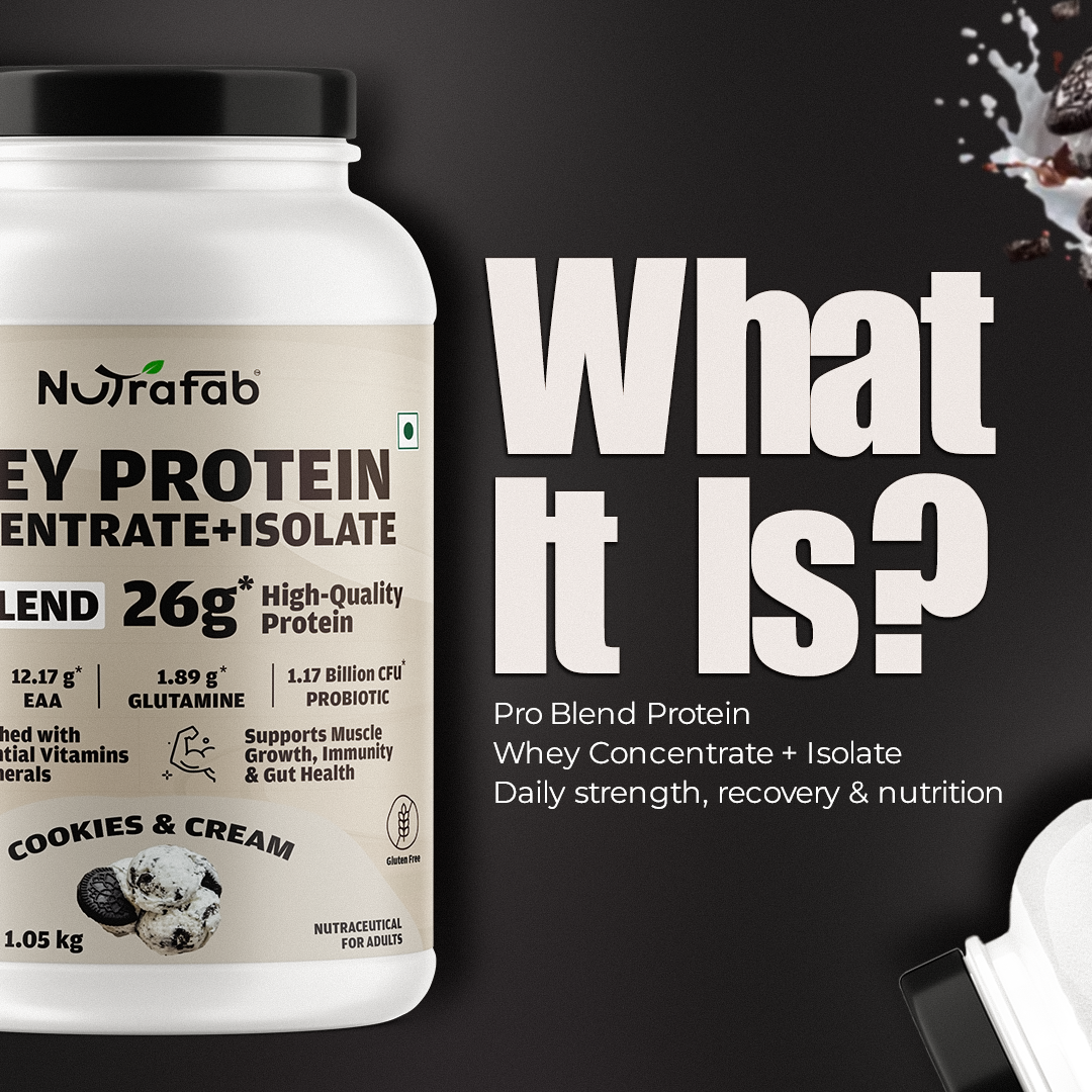Nutrafab protein powder container with text 'What It Is?' on a dark background