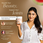 Woman holding a collagen supplement container with product details on a brown background