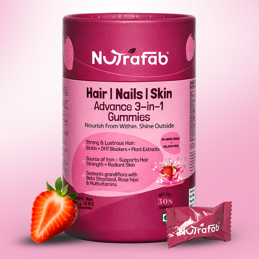 Nutrafab Hair Skin and Nails Gummies jar - 3-in-1 Vegan and Sugar-Free Beauty Supplement