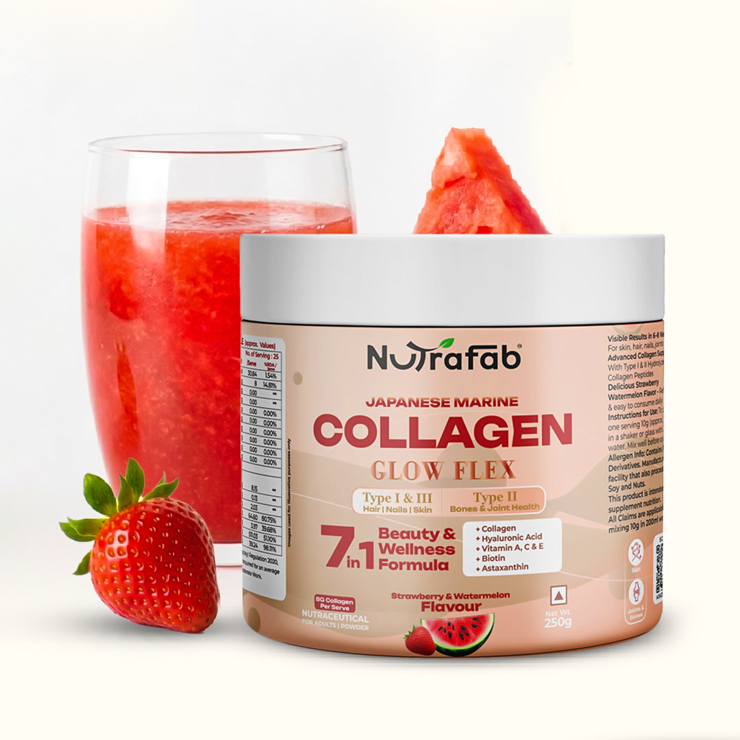 Nutrafab collagen supplement with a glass of strawberry watermelon juice and fruit on a white background
