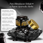 Himalayan Shilajit product with gold cap on a rock, surrounded by text about its benefits.