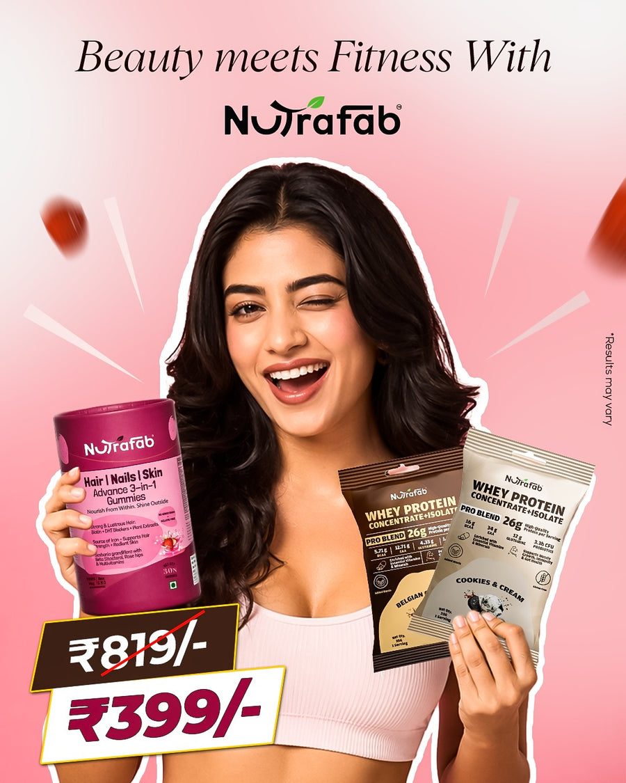 Nutrafab Complete Health 2+1 Combo – Whey Protein Sachets x 2 + Hair, Nails N Skin Gummies x 1